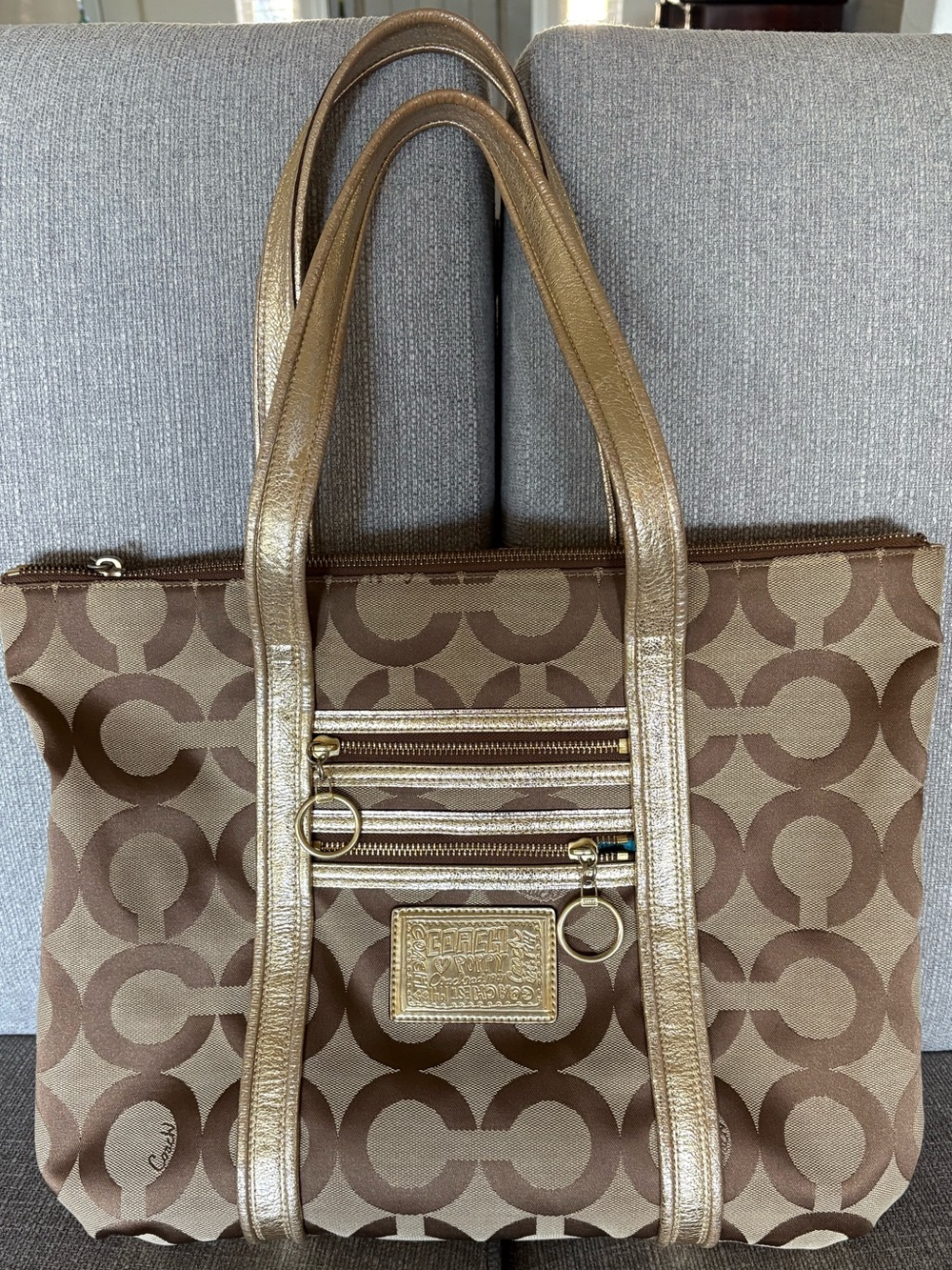 GUC Coach Poppy Gold Art Glam Tote Shoulder Bag with Blue Lining